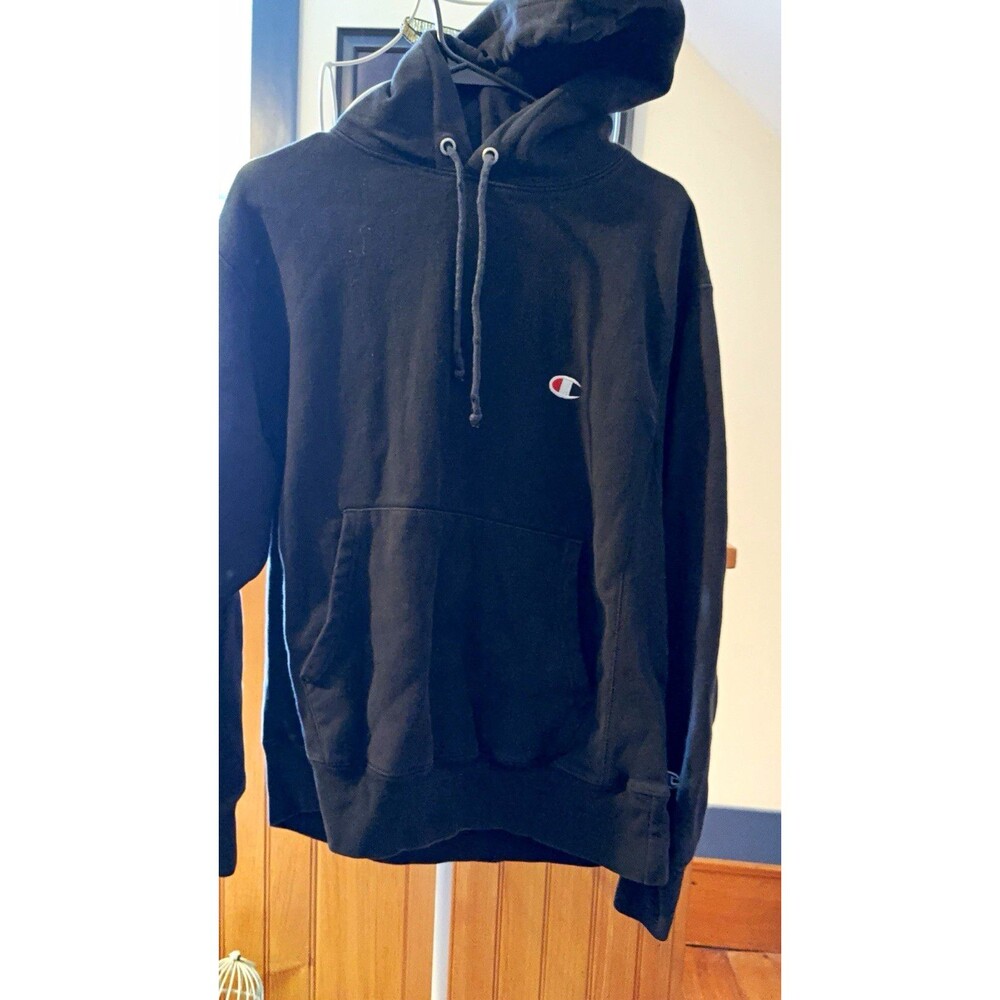 Champion Reverse Weave Men's Black Fleece Pullover Hoodie Logo Pockets M